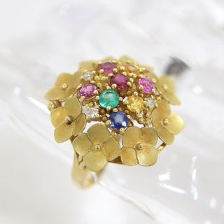 【Jewelry】K18 フラワーモチーフリング D0.06ct E0.09ct R0.15ct S0.95ct #12 7.5g /ok04533tg(リング(指輪))