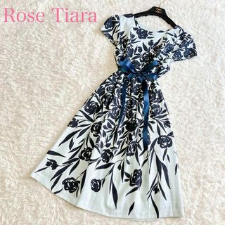 ローズティアラ(Rose Tiara)の極美品 ローズティアラ ワンピース ひざ丈 42 XL フレア Aライン 花柄(ひざ丈ワンピース)