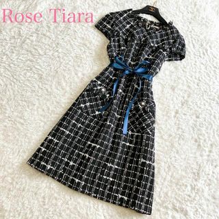 ローズティアラ(Rose Tiara)の美品 ローズティアラ ひざ丈ワンピース 42 ツイード XL ビジューボタン(ひざ丈ワンピース)