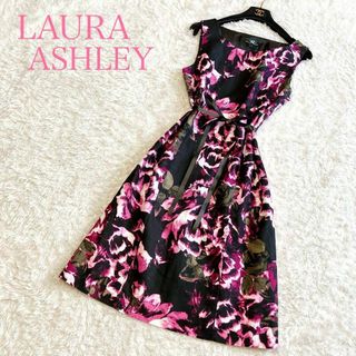 ローラアシュレイ(LAURA ASHLEY)の美品 ローラアシュレイ ワンピース ひざ丈 11号 Lリネン 花柄 総柄(ひざ丈ワンピース)