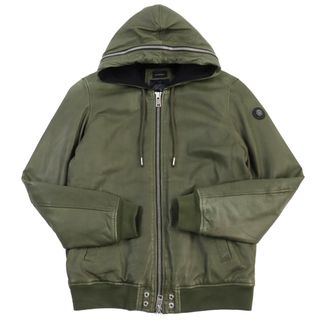 【ドンドン見直し】良品○DIESEL ディーゼル ロゴパッチ付き 羊革 ダブルジップ フーデッド オールレザーパーカー/ジャケット カーキグリーン M 正規品 メンズ