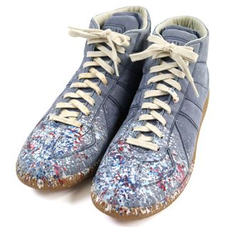 【ドンドン見直し】良品○Maison Margiela 22 メゾンマルジェラ22 レザー レプリカ ジャーマントレーナー ペイント加工 レースアップ ハイカットスニーカー ブルー系 マルチカラー 46 保存袋付き イタリア製 メンズ(スニーカー)