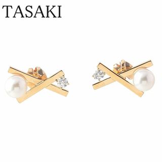 タサキ(TASAKI)のタサキ パール ダイヤ ピアス バランスクロス 現行モデル 6.5mm 0.10ct×2 750YG E-4227型 箱 新品仕上げ済 TASAKI 田崎真珠【15797】(ピアス)