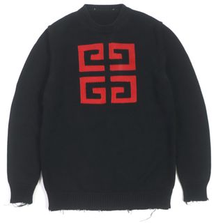 ジバンシィ(GIVENCHY)の【ドンドン見直し】良品▼GIVENCHY ジバンシィ BM904U4Y0A ロゴ刺繍 ダメージ加工 ニット ブラック レッド M イタリア製 正規品 メンズ(ニット/セーター)