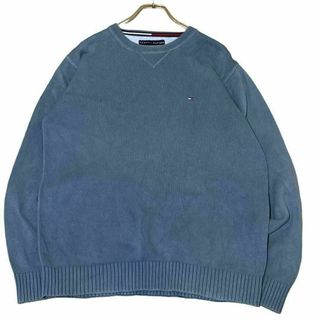 トミーヒルフィガー(TOMMY HILFIGER)のa26トミーヒルフィガー コットンニットセーター Vガゼットくすみカラーロゴ刺繍(ニット/セーター)