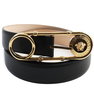 VERSACE - 極美品●VERSACE ヴェルサーチ メデューサバックル レザーベルト ブラック ゴールド 85/34 保存袋付き イタリア製 メンズ