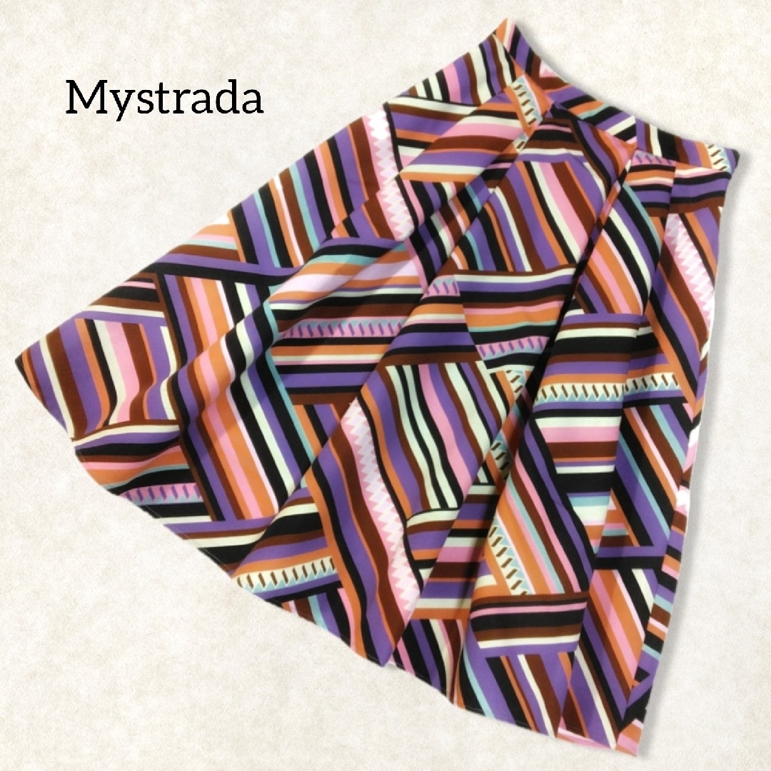 Mystrada(マイストラーダ)のマイストラーダ ✿ カラフル 総柄 スカート 34 XS 膝丈 Aライン タック レディースのスカート(ひざ丈スカート)の商品写真