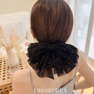 バレッタ　韓国　ヘアクリップ ブラック リボン 大きめ シフォン ヘアアクセ(バレッタ/ヘアクリップ)