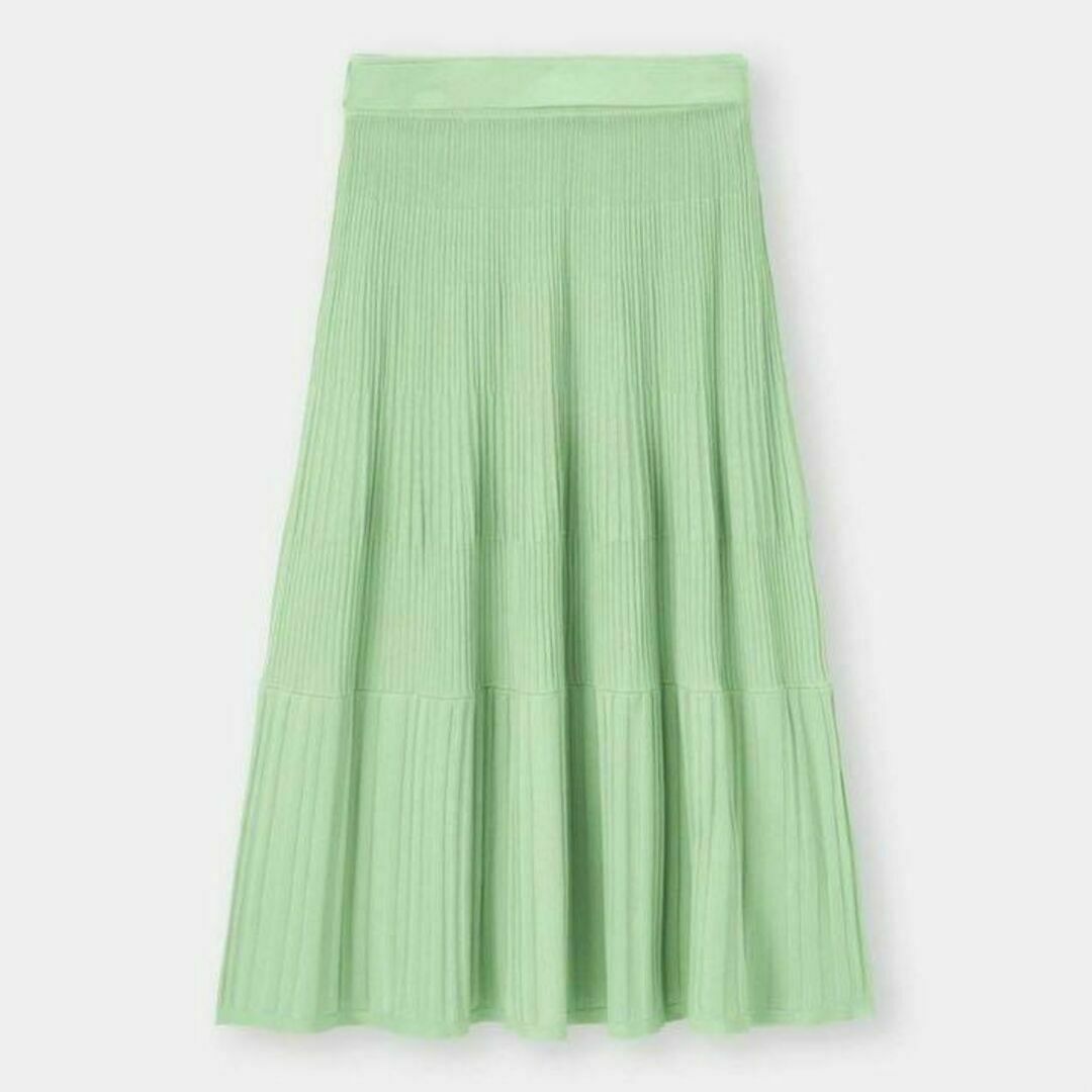 GU(ジーユー)の新品 春色 綺麗めフェミニン ランダムリブ編ニットフレアスカート ベルト付 緑 レディースのスカート(ロングスカート)の商品写真