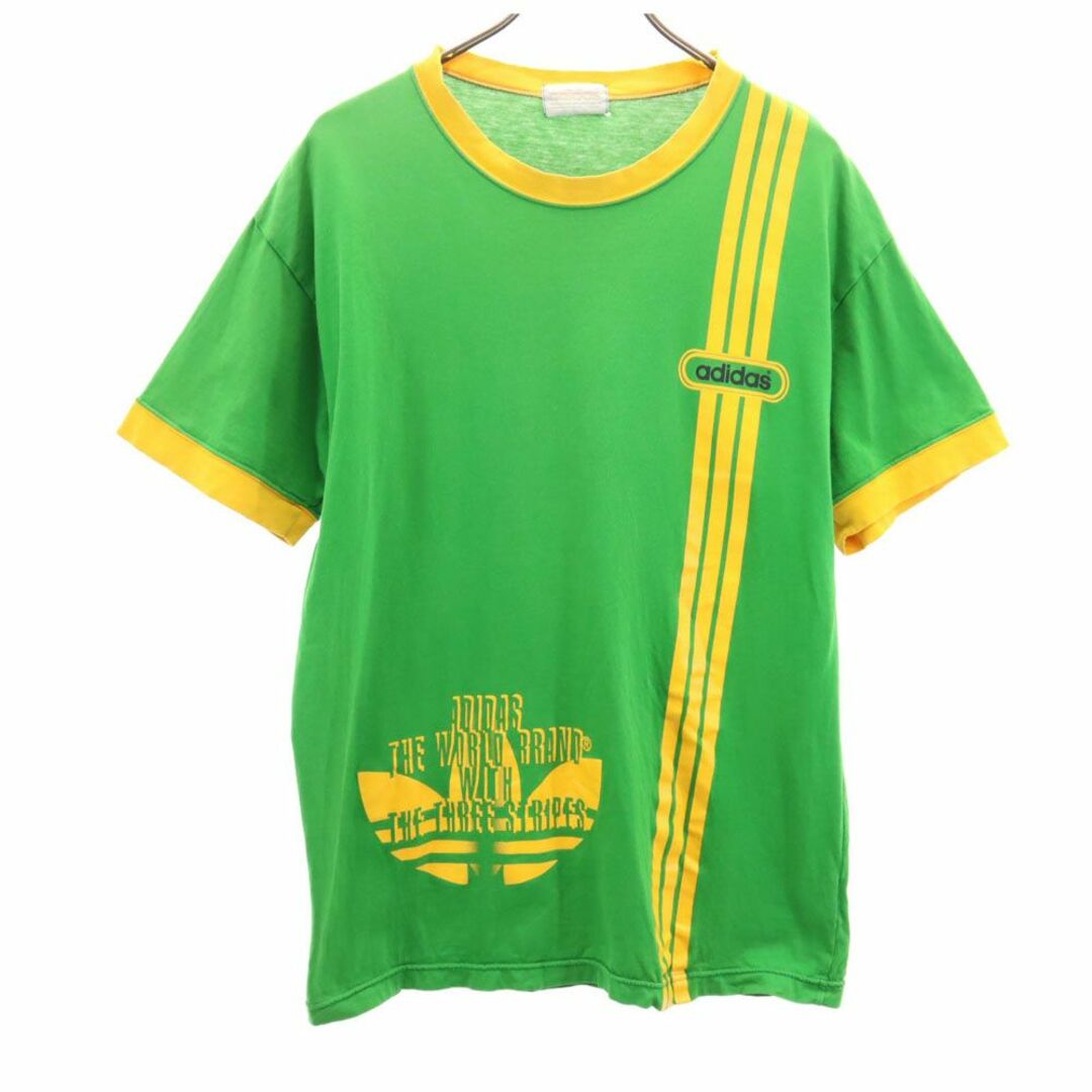 adidas(アディダス)のアディダス 80s デサント製 トレフォイルロゴ ヴィンテージ プリント 半袖 Tシャツ L-O グリーン adidas 日本製 メンズ 古着 【240325】 メール便可 メンズのトップス(Tシャツ/カットソー(半袖/袖なし))の商品写真