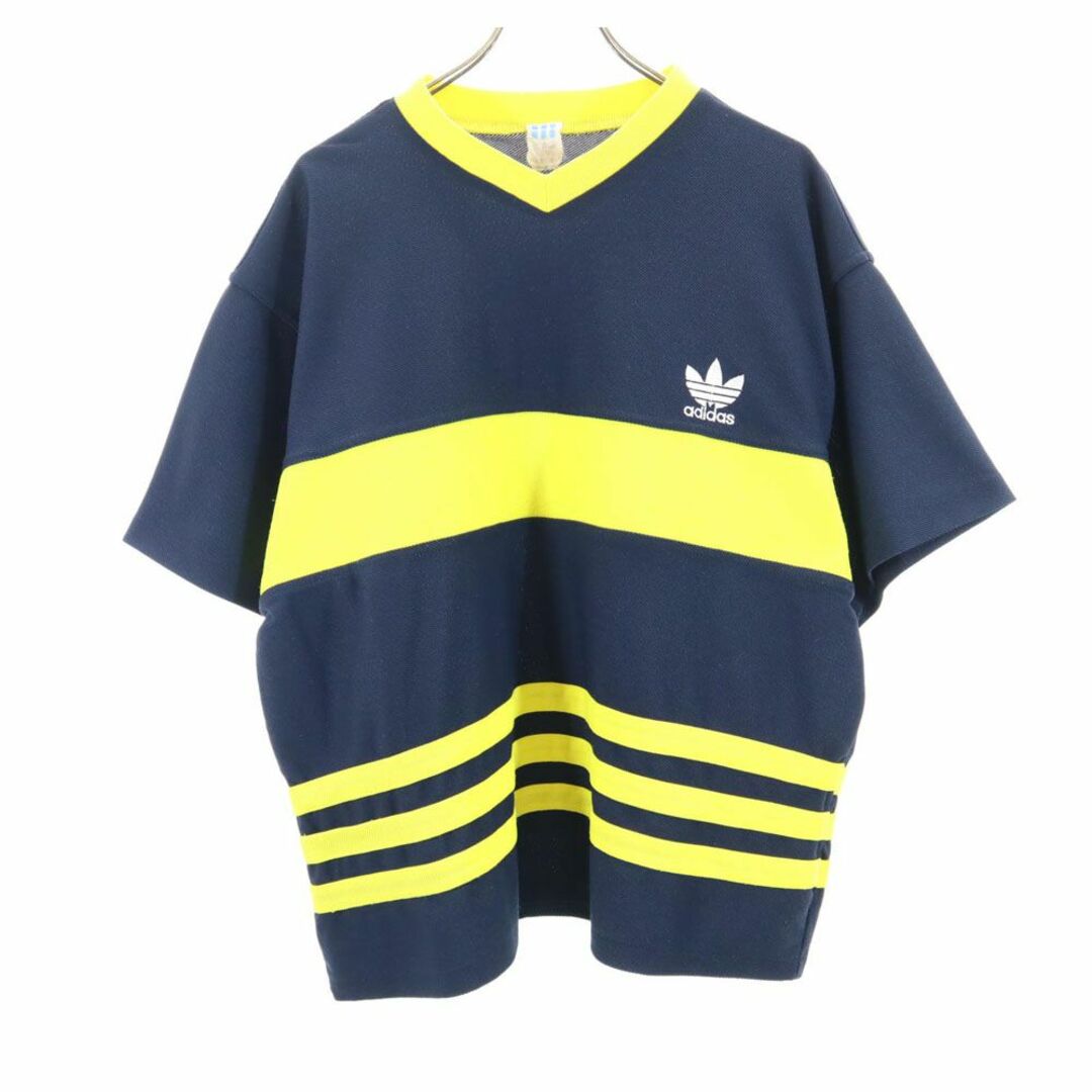 adidas(アディダス)のアディダス 80s ヴィンテージ 万国旗タグ トレフォイルロゴ 半袖 Vネック Tシャツ L（M） ネイビー adidas メンズ 古着 【240325】 メール便可 メンズのトップス(Tシャツ/カットソー(半袖/袖なし))の商品写真