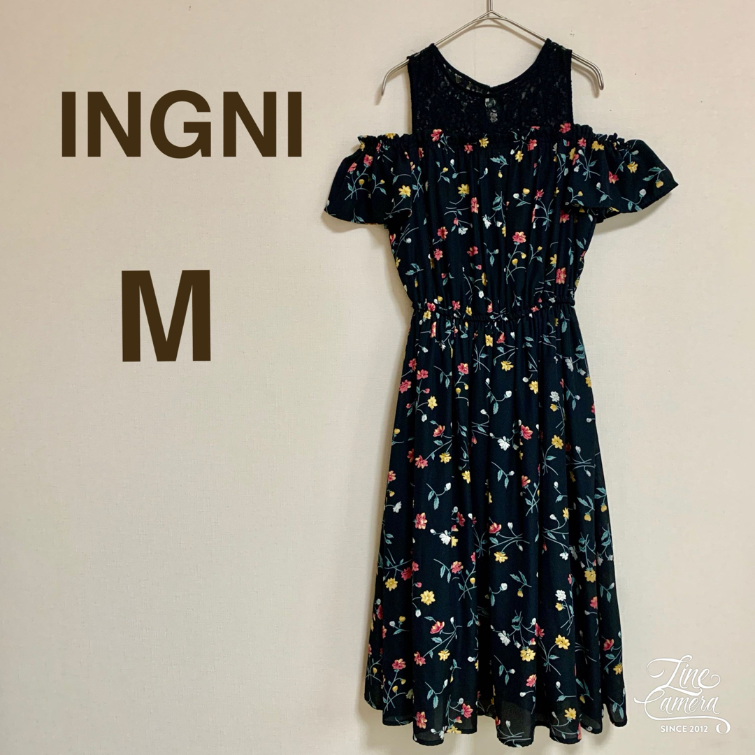 INGNI(イング)のイング M ロングワンピース レース レイヤー 花柄 肩あき 可愛い ブラック レディースのワンピース(ロングワンピース/マキシワンピース)の商品写真