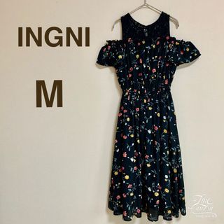 イング(INGNI)のイング M ロングワンピース レース レイヤー 花柄 肩あき 可愛い ブラック(ロングワンピース/マキシワンピース)