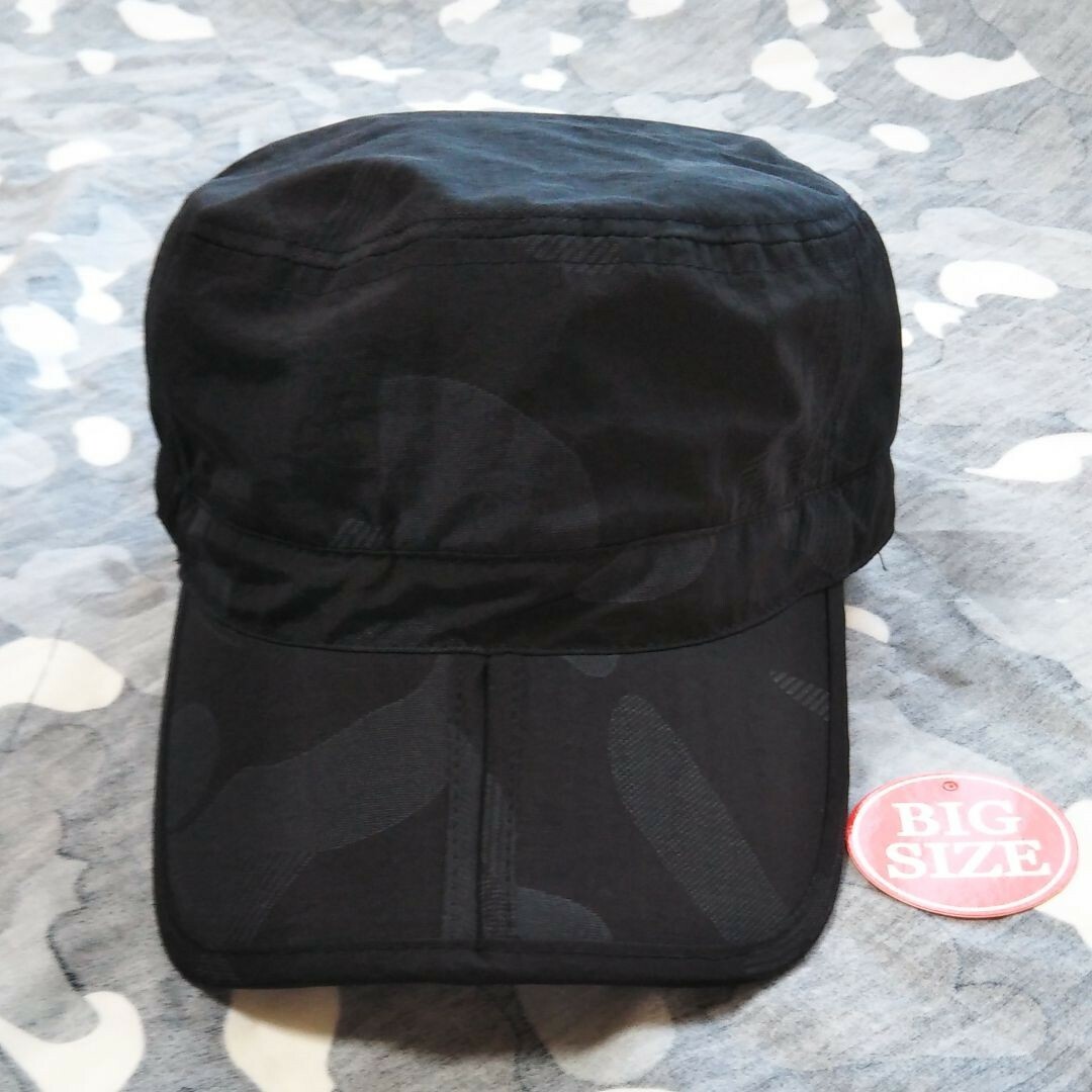 撥水ワークキャップBIGサイズツバ折ポケッタブル同色カモフラージュ柄　ブラック メンズの帽子(キャップ)の商品写真