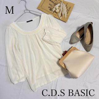 シーディーエスベーシック(C.D.S BASIC)のC.D.S BASIC ブラウス シャイニーカラー 白 シアー 324a113(シャツ/ブラウス(長袖/七分))