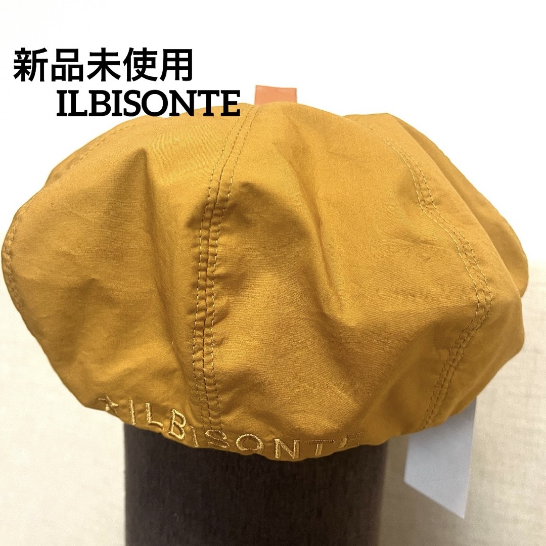 IL BISONTE(イルビゾンテ)のイルビゾンテ ベレー帽 帽子 麻 コットン レザーパッチ付き ユニセックス　黄色 メンズの帽子(ハンチング/ベレー帽)の商品写真