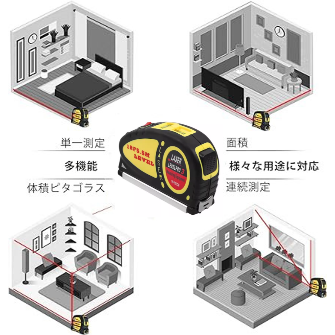 メジャー レーザー距離計 水平器　家庭 建設 土木現場の室内測定 巻尺5.5ｍ ハンドメイドの生活雑貨(雑貨)の商品写真