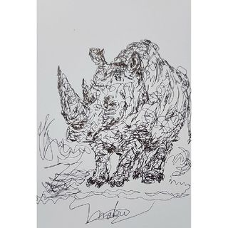 『サイ』ボールペン画【10】。一筆書き。ペン画。絵画。動物。ハガキ。(絵画/タペストリー)