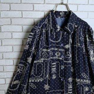 ヴィンテージ(VINTAGE)の柄シャツ☆ブラウス　ポリシャツ　長袖　ボタニカル　フラワー　花　総柄　紺　白(シャツ/ブラウス(長袖/七分))