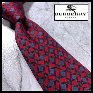 バーバリー(BURBERRY)の英国製 バーバリー ブランド ネクタイ シルク100% 赤 小紋柄 紺ブレ(ネクタイ)