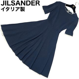 Jil Sander - 良品　JILSANDER ワンピース　Aライン　フレア　ストレッチ　マリンルック