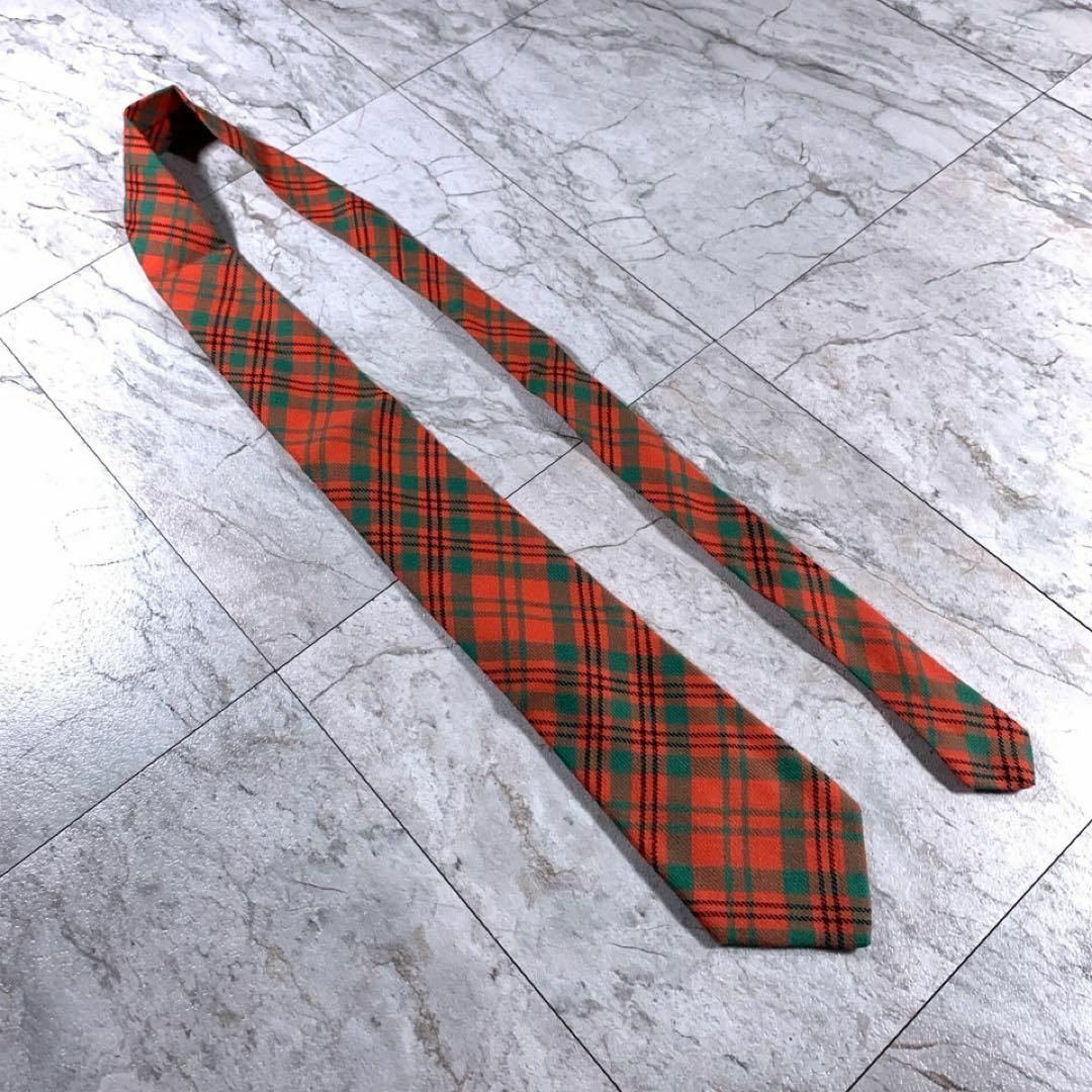スコットランド製 ネクタイ ウール タータンチェック オレンジ 緑 紺ブレ 古着 メンズのファッション小物(ネクタイ)の商品写真