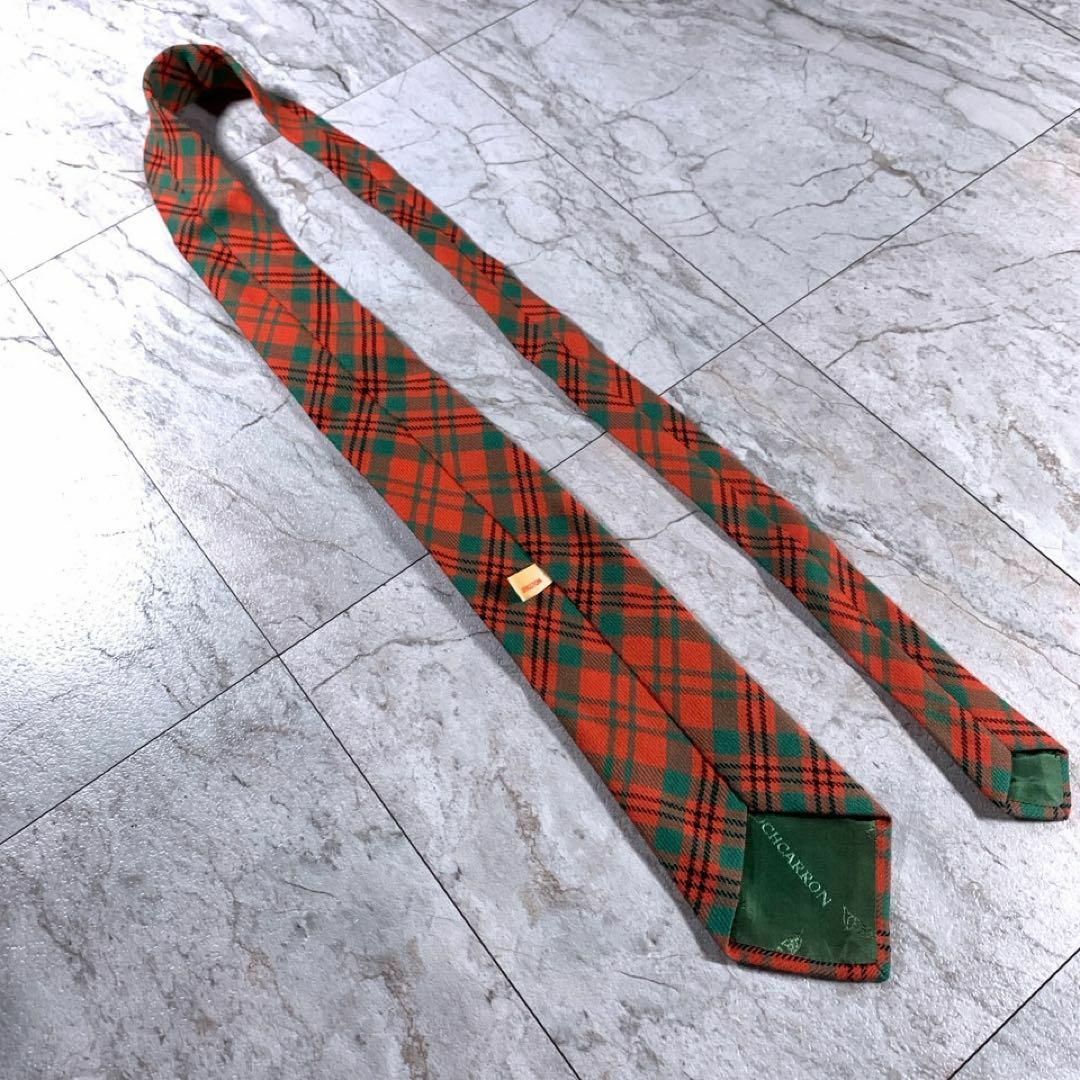 スコットランド製 ネクタイ ウール タータンチェック オレンジ 緑 紺ブレ 古着 メンズのファッション小物(ネクタイ)の商品写真