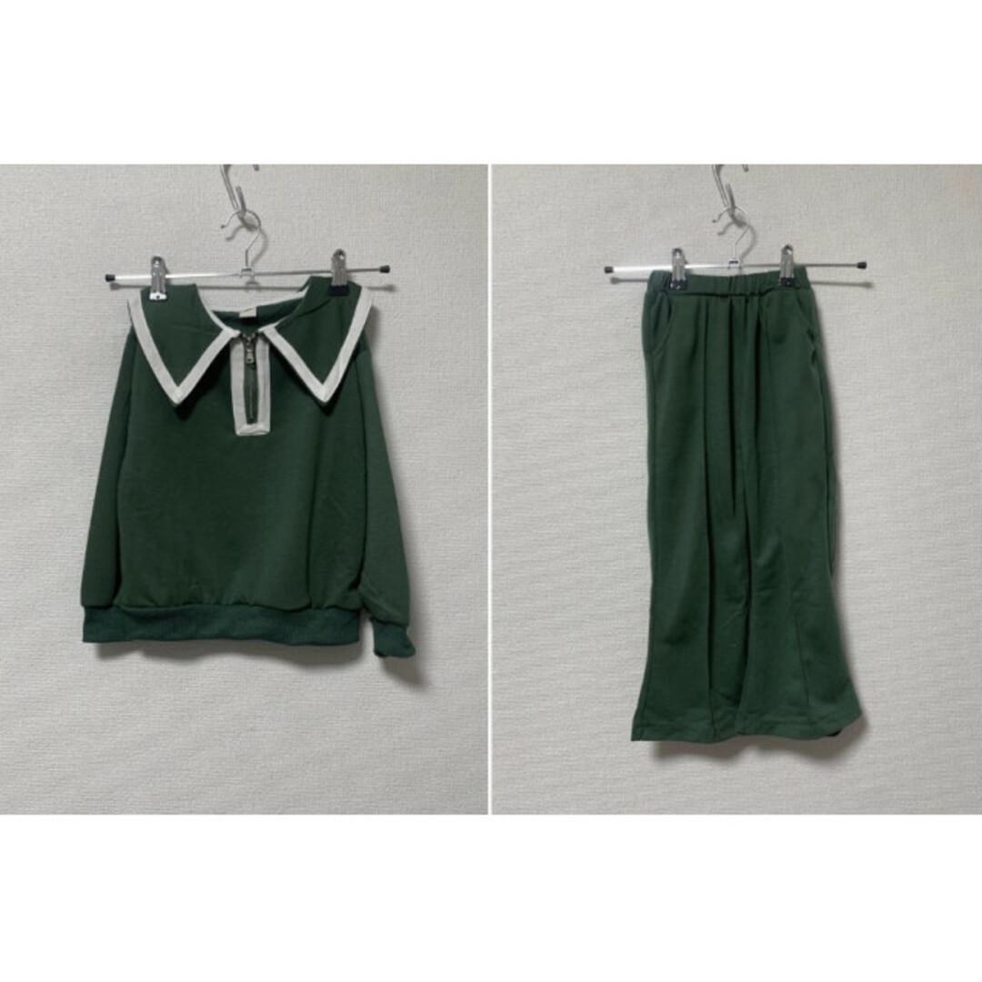 キッズ 100 ビッグカラーフレアセットアップ グリーン 緑 長袖 ジャージ キッズ/ベビー/マタニティのキッズ服女の子用(90cm~)(パンツ/スパッツ)の商品写真