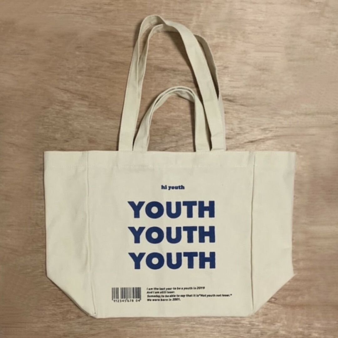 youth ロゴ キャンバストート 帆布 きなり 綺麗 美品 大容量 安い 青 レディースのバッグ(トートバッグ)の商品写真