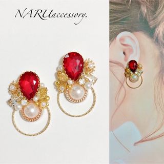 【299】レッドビジュー　パールカボション  フープ(ピアス)