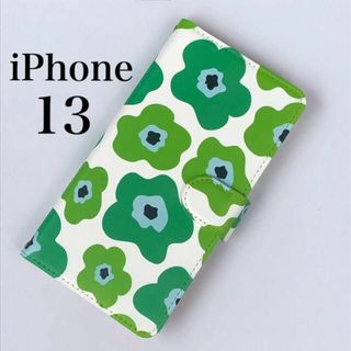 iPhone13ケース　手帳型ケース　花　北欧　花柄　フラワー　グリーン　緑(iPhoneケース)