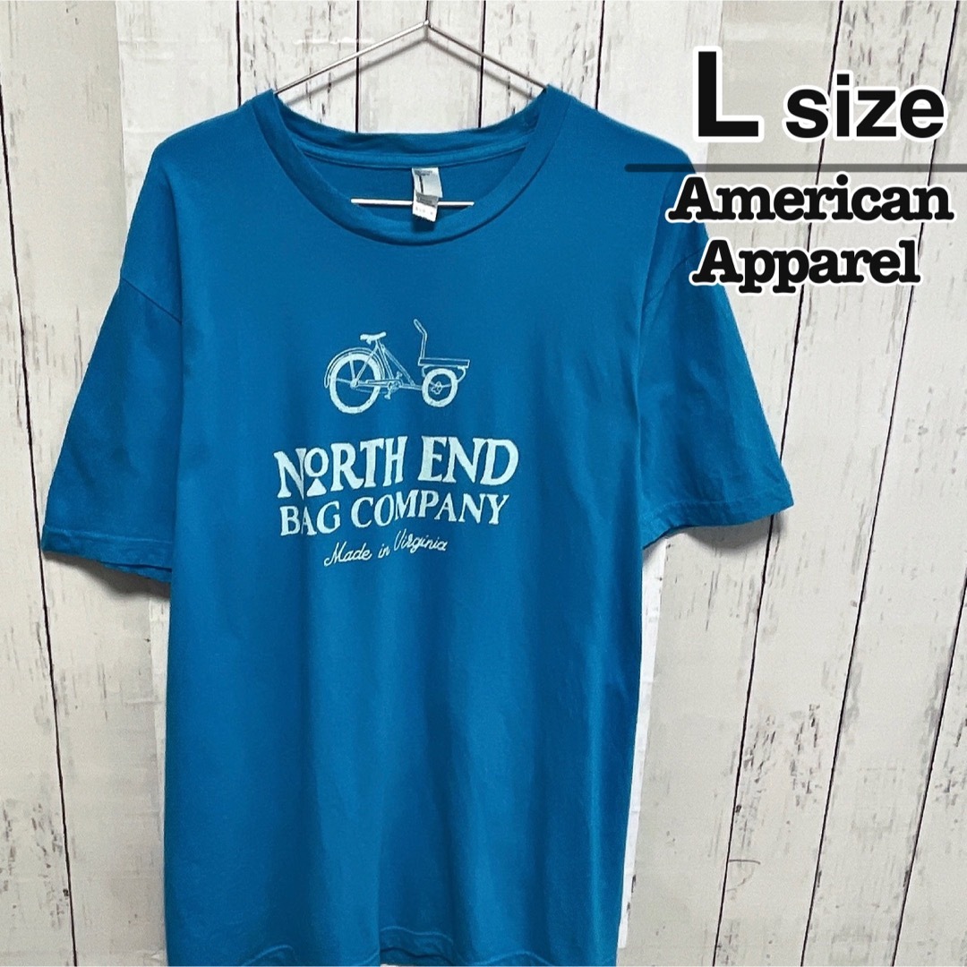 American Apparel(アメリカンアパレル)のUSA製　American Apparel　Tシャツ　L　水色　プリント　古着 メンズのトップス(Tシャツ/カットソー(半袖/袖なし))の商品写真