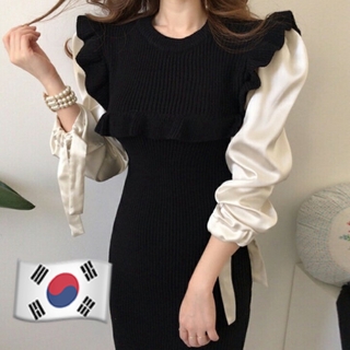 韓国ファッション　フリルワンピース(ひざ丈ワンピース)