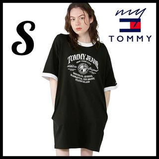 トミージーンズ(TOMMY JEANS)のトミージーンズ★オーバーサイズ ロゴ Tシャツワンピース★黒★S★レディース(ミニワンピース)