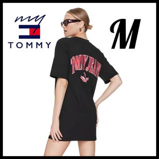 トミージーンズ(TOMMY JEANS)のトミージーンズ★オーバーサイズ ロゴ Tシャツワンピース★黒★M★レディース(ミニワンピース)