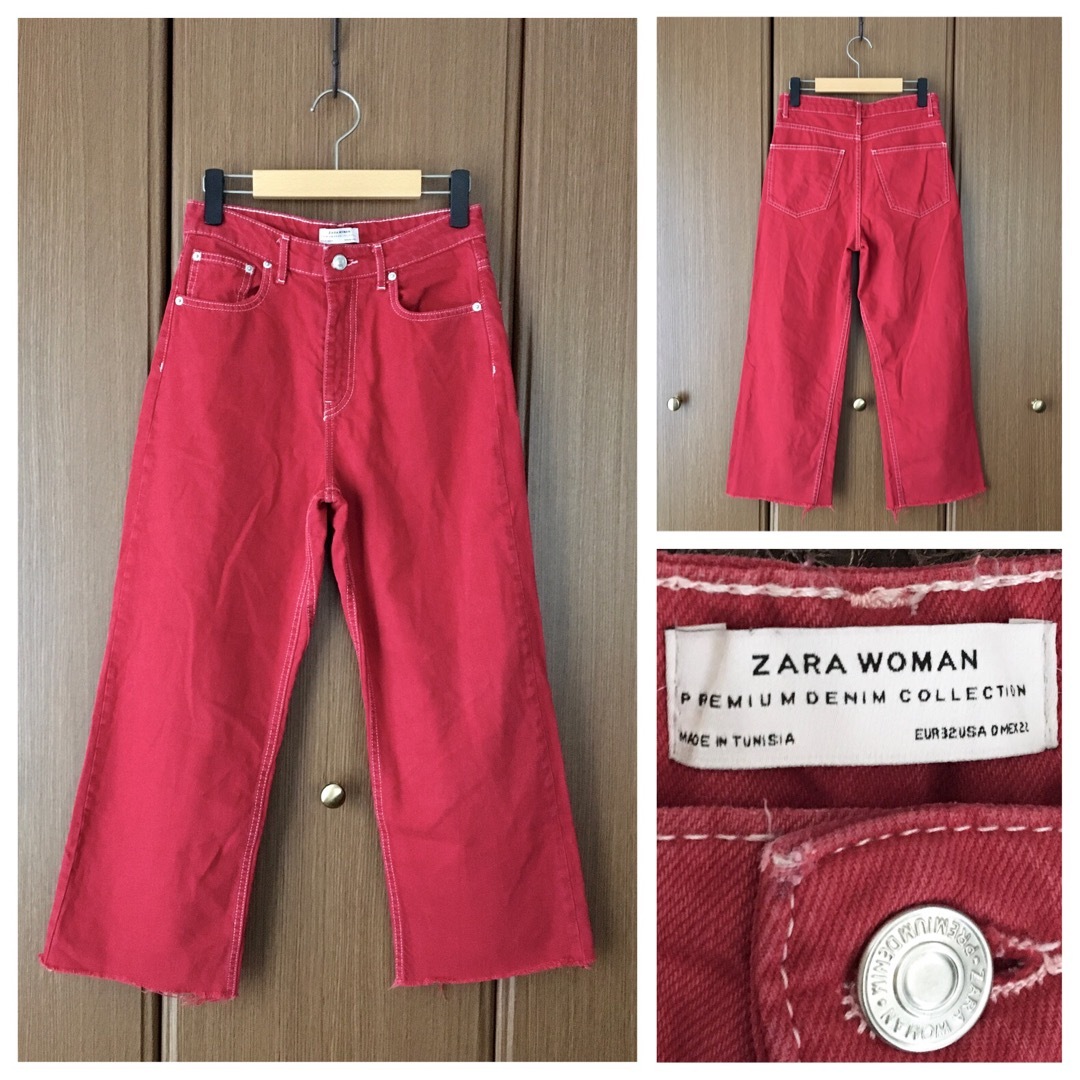 ZARA(ザラ)の美品 ZARA WOMAN RED カットオフ ストレートデニムパンツ ジーンズ レディースのパンツ(デニム/ジーンズ)の商品写真