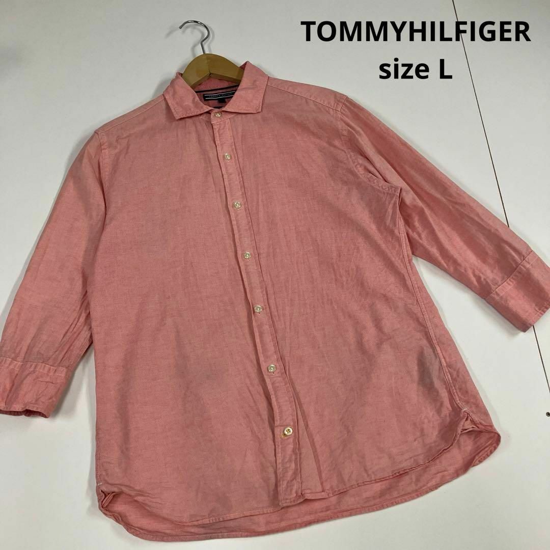 TOMMY HILFIGER(トミーヒルフィガー)のTOMMY HILFIGER シャツ　コットンリネン　古着　赤　七分袖　L メンズのトップス(シャツ)の商品写真