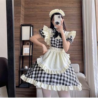 メイド服 チェック柄 喫茶店 レッド ブラック コスプレ ワンピース (衣装一式)