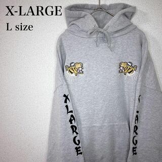 XLARGE - 希少✨X-LARGE パーカー　ビッグロゴ　裏毛　ダブルタイガー　グレー　L