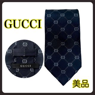 Gucci - 極美品✨GUCCIネクタイグッチ　GG柄ロゴ　イタリア製　高級シルク　ネイビー