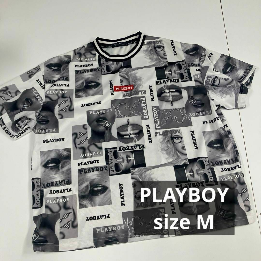 PLAYBOY(プレイボーイ)のPLAYBOY Tシャツ　総柄　古着　白黒　オーバーサイズ　M メンズのトップス(Tシャツ/カットソー(半袖/袖なし))の商品写真