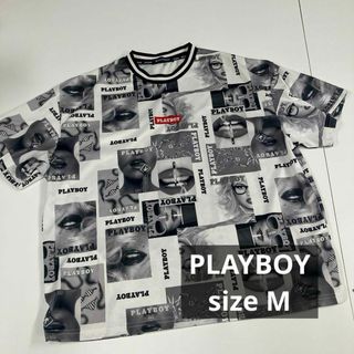 PLAYBOY - PLAYBOY Tシャツ　総柄　古着　白黒　オーバーサイズ　M