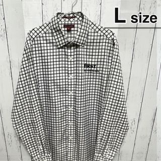 シャツ(shirts)のUSA古着　ノーアイロンシャツ　Lサイズ　ホワイト　グレー　チェック柄　企業ロゴ(シャツ)