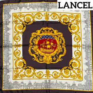 ランセル(LANCEL)の美品★LANCEL★ スカーフ 大判 エンブレム 建物 街並み シルク ブラウン(バンダナ/スカーフ)