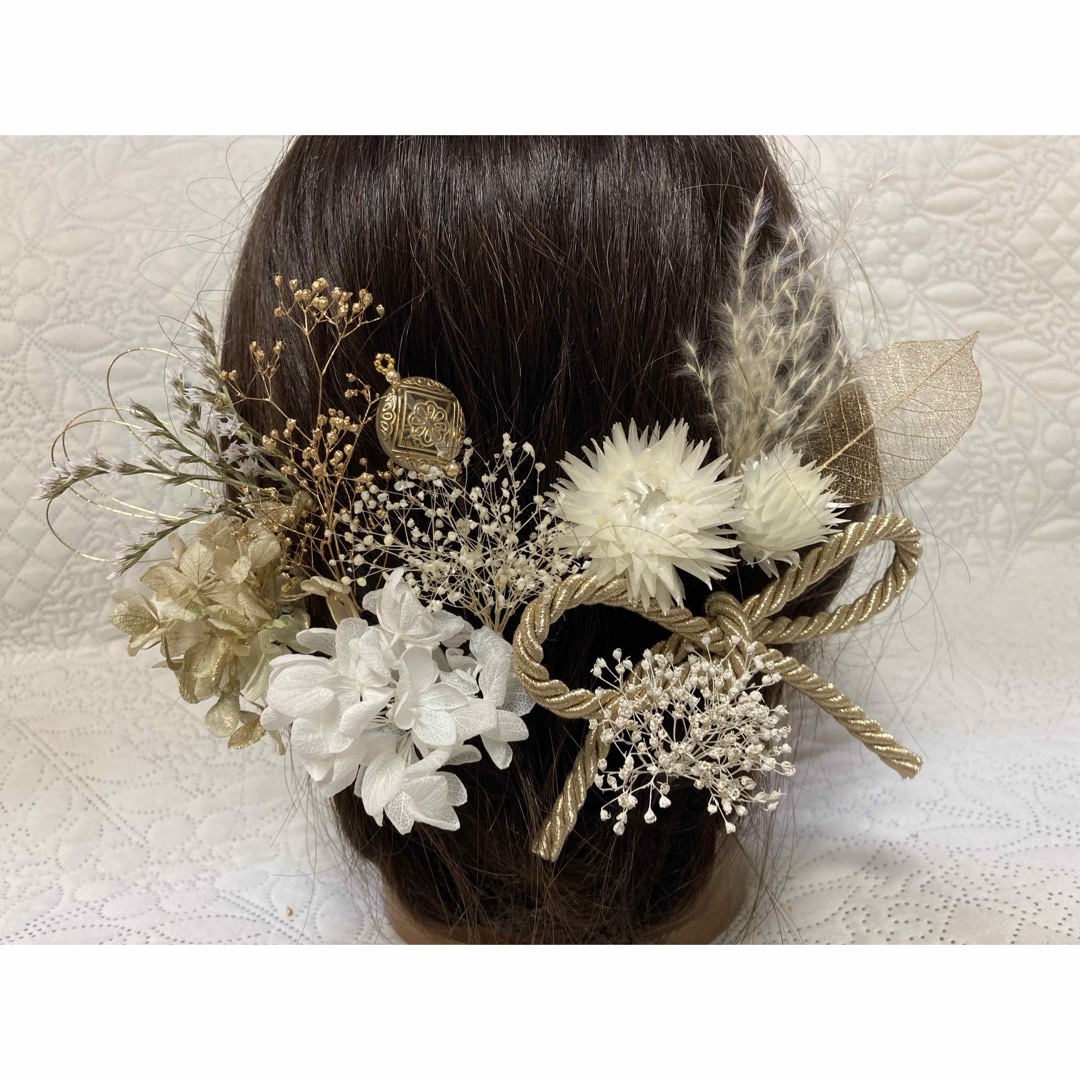 髪飾り　白金紐ビーズR-451    卒業式髪飾り　結婚式髪飾り　 ハンドメイドのウェディング(ヘッドドレス/ドレス)の商品写真