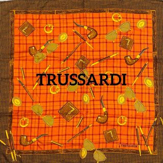 美品★TRUSSARDI★スカーフ 大判 メガネ パイプ 定規 シルク オレンジ