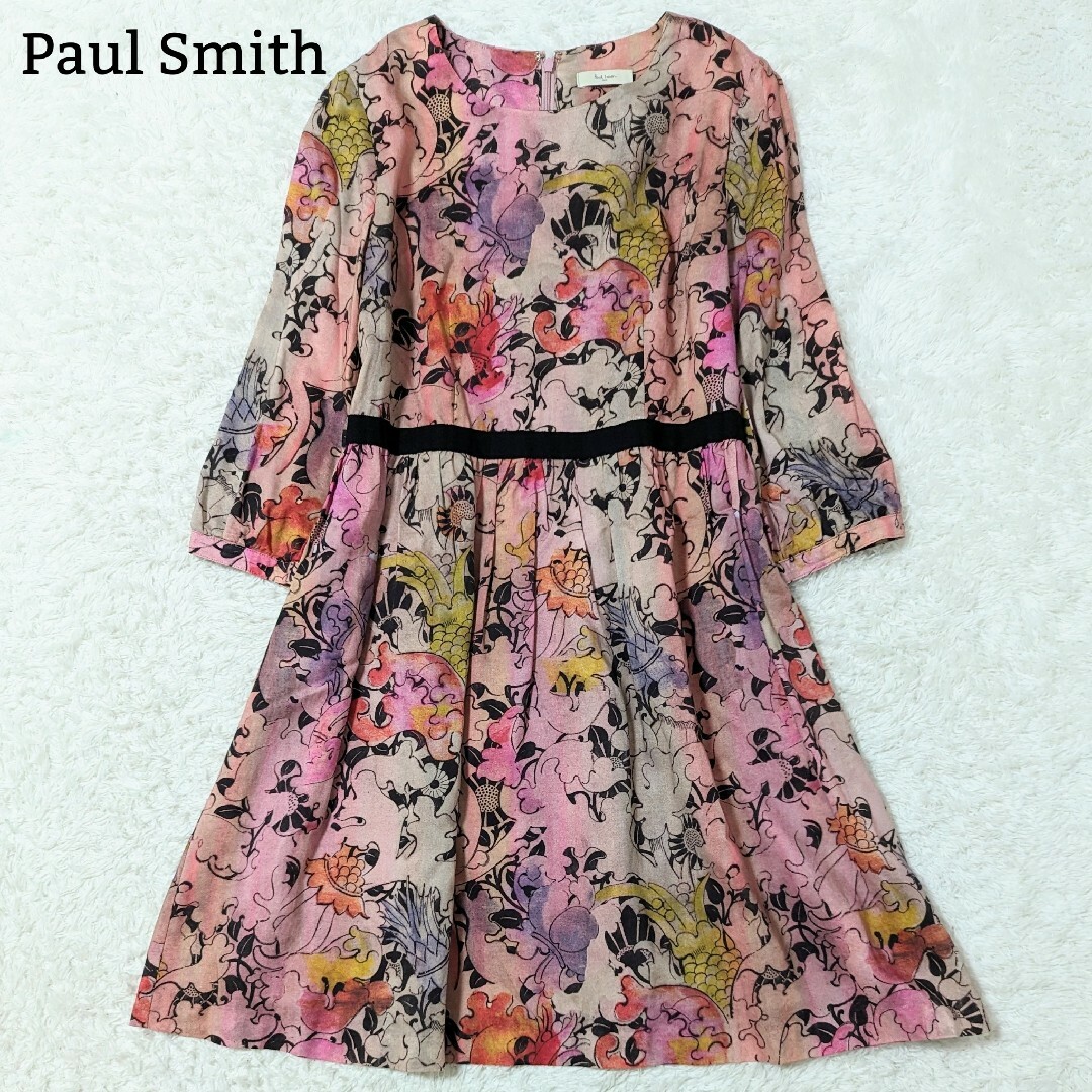 Paul Smith(ポールスミス)の極美品 ポールスミス 現行タグ 膝丈ワンピース 花柄 ボタニカル ピンク LL レディースのワンピース(ひざ丈ワンピース)の商品写真