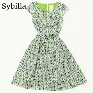 Sybilla - 極美品 シビラ シルク混 ロングワンピース 幾何学模様 フレンチスリーブ 緑 M