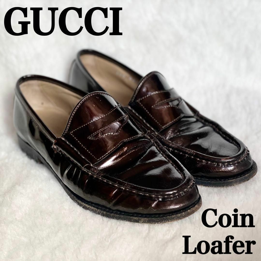 Gucci(グッチ)のGUCCI グッチ エナメル レザー コイン ローファー シューズ 革 ブラウン レディースの靴/シューズ(ローファー/革靴)の商品写真