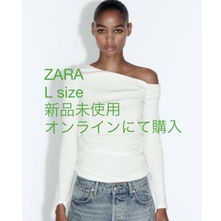 ザラ(ZARA)の【ZARA】ギャザーTシャツ　白　Lサイズ(Tシャツ(長袖/七分))